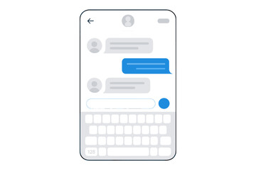 Mobile phone chat app interface with keyboard. Messenger conversation blank template. Social network concept for texting and messaging. Vector UI mockup with message bubbles.