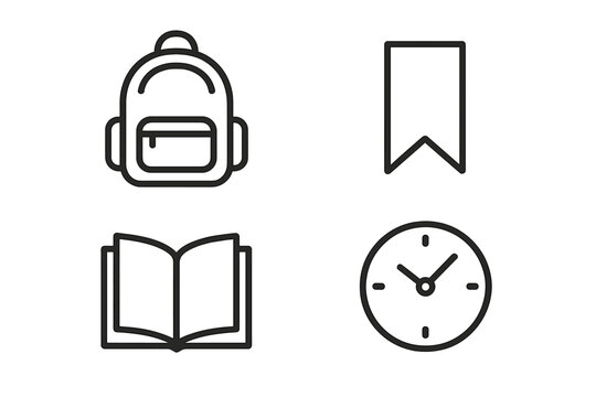 Education line icon set for school and university. Concepts for study, learning, knowledge. Vector symbols with editable stroke. Backpack, open book, clock, bookmark icons.