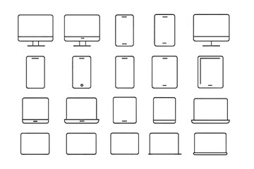 Device line icon set. Collection of technology symbols. Computer monitor, smartphone, tablet and laptop screen. Simple outline vector for ui, ux, web and mobile app design.