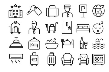 Hotel icon set. Travel, hospitality, service. Vector line icons. Room, booking, luggage, food, reception, pool, staff. Bellboy, sleep, key, safe, bed. Thin line pictogram collection.