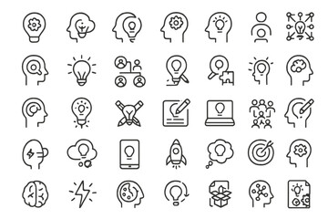 Set of 40 creativity and idea line icons. Symbols for brainstorming, innovation, problem-solving, creative thinking, mind, brain, lightbulb, strategy, and inspiration. Vector.