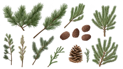A collection of various pine branches and pine cones arranged artistically on a white background. the natural beauty of evergreen foliage and textures. ideal for seasonal decor or design projects