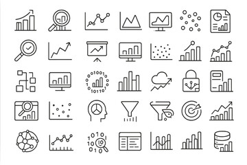 Data analysis icon set. Analytics, research, big data. Chart graph report. Statistics growth diagram. Funnel, database, flowchart, cloud computing. Thin line vector symbols.
