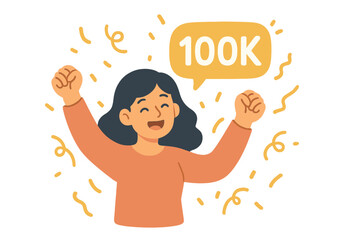 Thank you 100k followers. Woman celebrating social media milestone. Blogger or influencer success concept. Congratulation card for many subscribers. Vector illustration web banner.