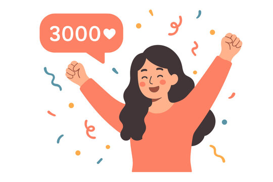 Thank you 3000 followers. Blogger celebrating 3k subscribers. Social media concept with happy woman character. Follower milestone achievement. Vector for web banner card.
