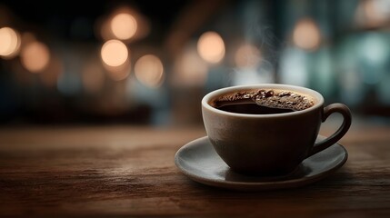 Obraz premium A steaming cup of rich coffee rests on a rustic wooden table with a softly blurred cafe background illuminated by warm lights