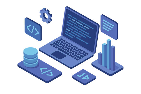 Web software development concept with programming and coding. Isometric laptop for big data processing, computing, analytics, and database management. App development vector.