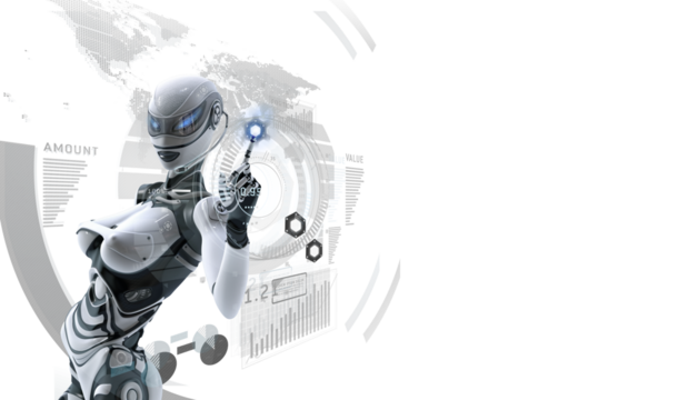 Modern designed space. 3D Futuristic female android managing virtual interface in digital space, rendered on transparent background