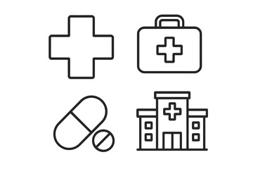 Fototapeta premium Medical and healthcare outline icon set. Hospital, first aid kit, medicine pills, cross symbol. Simple linear vector graphics for clinic, pharmacy, web, and print. Editable stroke.