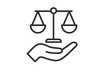 Hand holding scales of justice. Symbol of law, equality, and fairness. Legal balance and ethical choice concept. Court, rights, and decision icon. Minimal vector illustration.