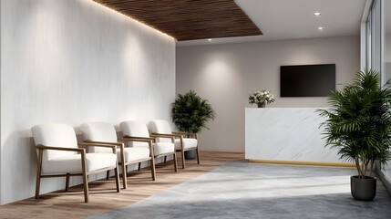 Modern reception area with comfortable white armchairs marble desk and plants