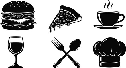 Food icons set, hamburger, pizza slice, coffee cup, wine glass, fork and spoon, chef hat, dining and culinary vector