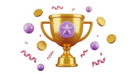 Golden Trophy with Purple Star and Confetti isolated on a transparent background award winner