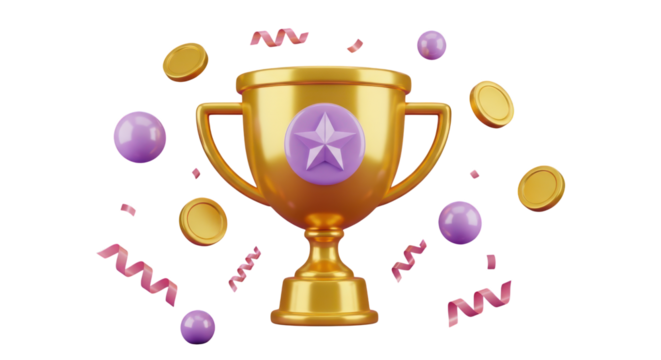 Golden Trophy with Purple Star and Confetti isolated on a transparent background award winner