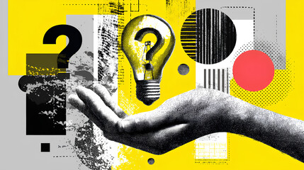 Trendy Halftone Collage Problem solving concept. Two hands hold lightbulb and question mark. Business solution. Creative mind or brainstorm. Ask for reply. Contemporary vector illustration art Stock