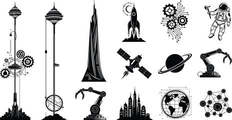 Futuristic technology, space exploration, astronaut silhouette, rocket launch, robotic arm, satellite orbit, global connectivity, smart city, gears automation, digital innovation