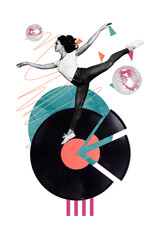 Vertical photo collage of happy girl ballerina dance retro vinyl disk occasion disco ball event isolated on painted background