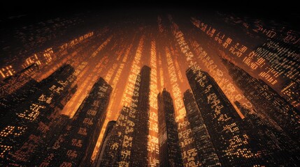 Towering buildings rise against a dark sky, their surfaces aglow with vibrant numbers reflecting stock market activity, creating a futuristic cityscape at night filled with energy and motion