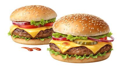 Juicy hamburger stacked with fresh lettuce, tomato, and cheese