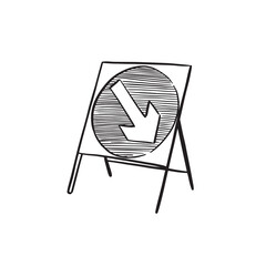Metal sign in black and white with an arrow pointing down.