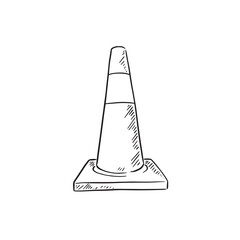 Traffic cone hand drawn in black and white line. 