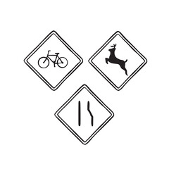 Three road signs; merge, deer and bicycle lane. Black and white hand drawn vectors.