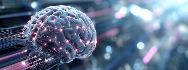 Hyper detailed cybernetic brain connected to glowing circuits, futuristic data streams, deep space background, wide panoramic view