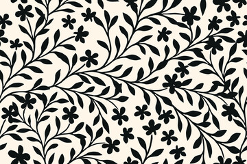 Seamless floral pattern with black branches and small blossoms on a cream background, perfect for fabric, wallpaper, wrapping paper, and elegant decoration.