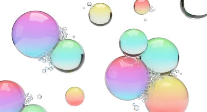 Abstract colorful spheres with gradient hues and reflective surface on black void
