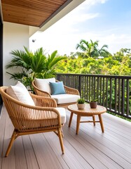 Obraz premium Outdoor patio furniture on a deck overlooking a tropical landscape