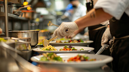 A behind-the-scenes glimpse into a bustling restaurant kitchen, where chefs expertly assemble and garnish dishes