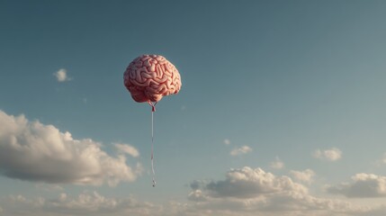 A large, pink brain-shaped balloon ascends slowly against a bright blue sky. Fluffy white clouds drift in the background on a calm day, creating a serene atmosphere
