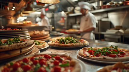 close up of pizzeria kitchen, where chefs expertly assemble and garnish pizzas