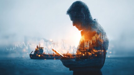 Freight broker standing on the waterfront at sunset using tablet. Digital overlay of graphs and cargo ship in background depicting the combination of technology and logistics processes trade