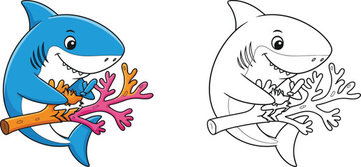 Obraz premium Adorable Cartoon Shark Playing with Coral Branch