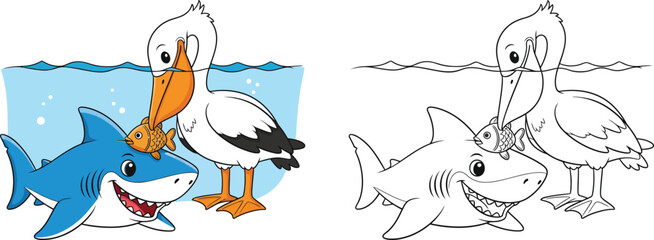 Cartoon Pelican and Shark Sharing a Fish