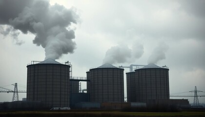Ominous mist-shrouded silos spew dark smoke against a bleak industrial sky,  decay,  haunting