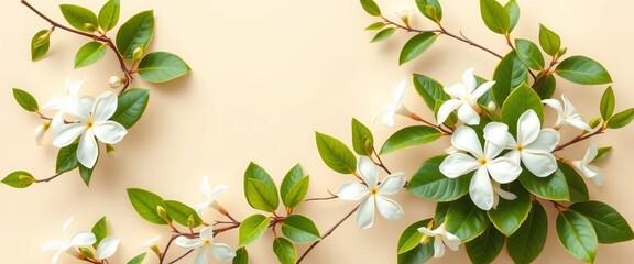 Serene white jasmine blossoms & greenery frame on beige background, ideal for memorial postcards, greenery, floral