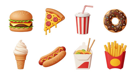 Hamburger pizza drink donut ice cream hot dog noodles fries isolated on a transparent background