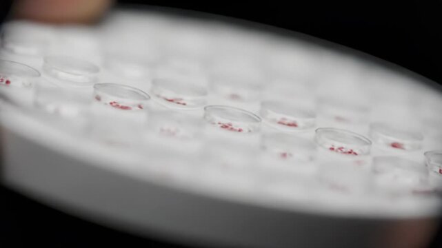 Scientific microplate wells with tiny red liquid samples for analysis
