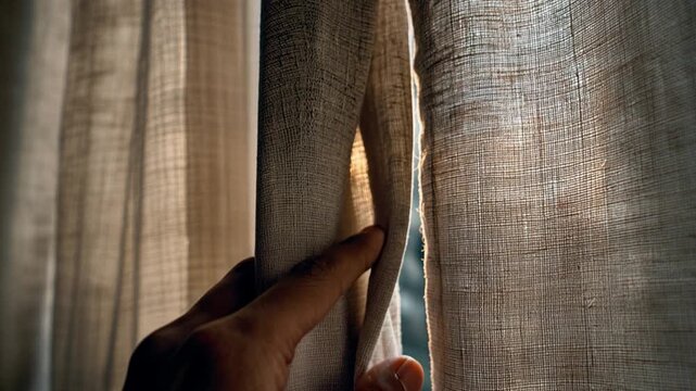 Loneliness concept. A person lifts the curtain looks out the window, then closes it again, disconsolate.
