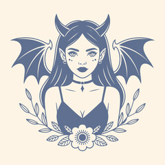 Evil girl with dragon wings. Vector illustration.