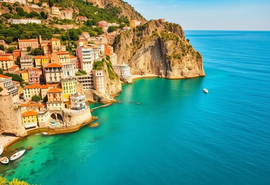 Sun-drenched Amalfi Coast cliffs, turquoise Mediterranean Sea,  coastal,  mediterranean