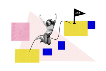 Sketch artwork of collage of job offer flag platform hr recruiter research candidate new work vacancy young woman jump move route