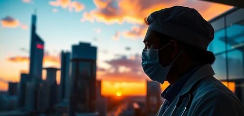 Sunset silhouette of medical professional, modern cityscape reflection,  buildings,  professional