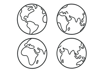 Planet Earth globe outline vector icon set. Simple line art drawing of the world map with different continents. Global symbol for ecology, travel, web and graphic design.