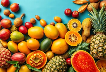 Vibrant medley of mangoes, papayas, pineapples, and more, overhead,   tropical,   nature