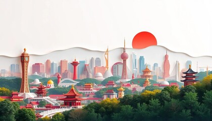 Paper cut vector illustration of Kunming skyline blended with iconic Chinese landmarks, panoramic view, city, Yunnan