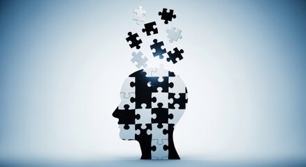 Human head silhouette made of puzzle pieces with some pieces flying out, symbolizing memory loss or cognitive function