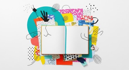 Open blank notebook surrounded by colorful abstract shapes and doodles, representing creativity and inspiration